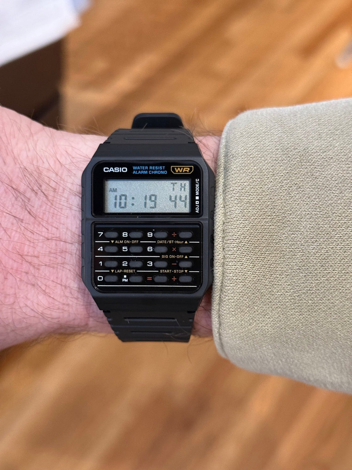 Casio CA-506 calculator watch on the wrist — photo: Uncommon Artifact