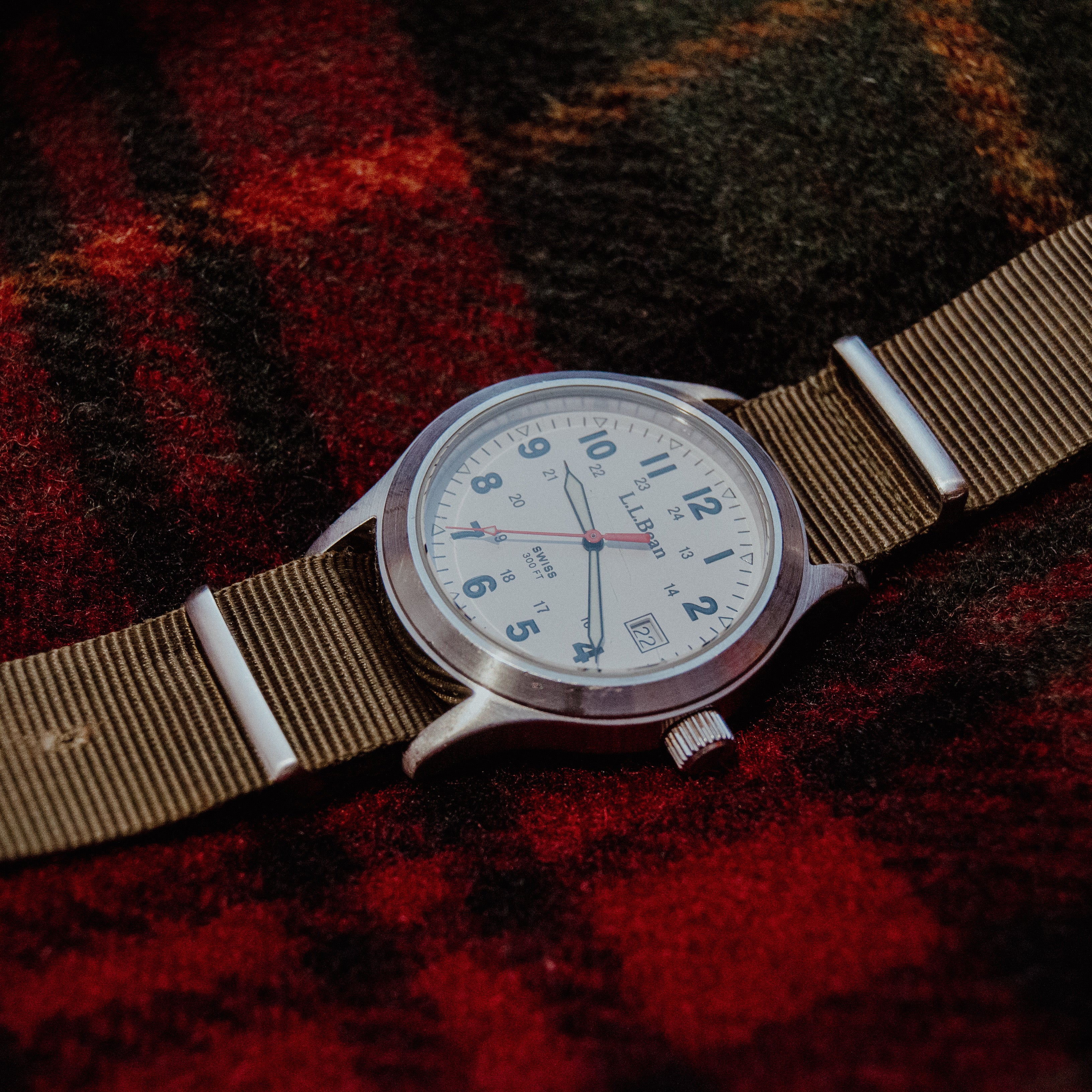 Vintage L.L. Bean Swiss Field Watch - White Dial 24-Hour - 300FT Stainless Steel - 1990s Outdoor Tool Watch