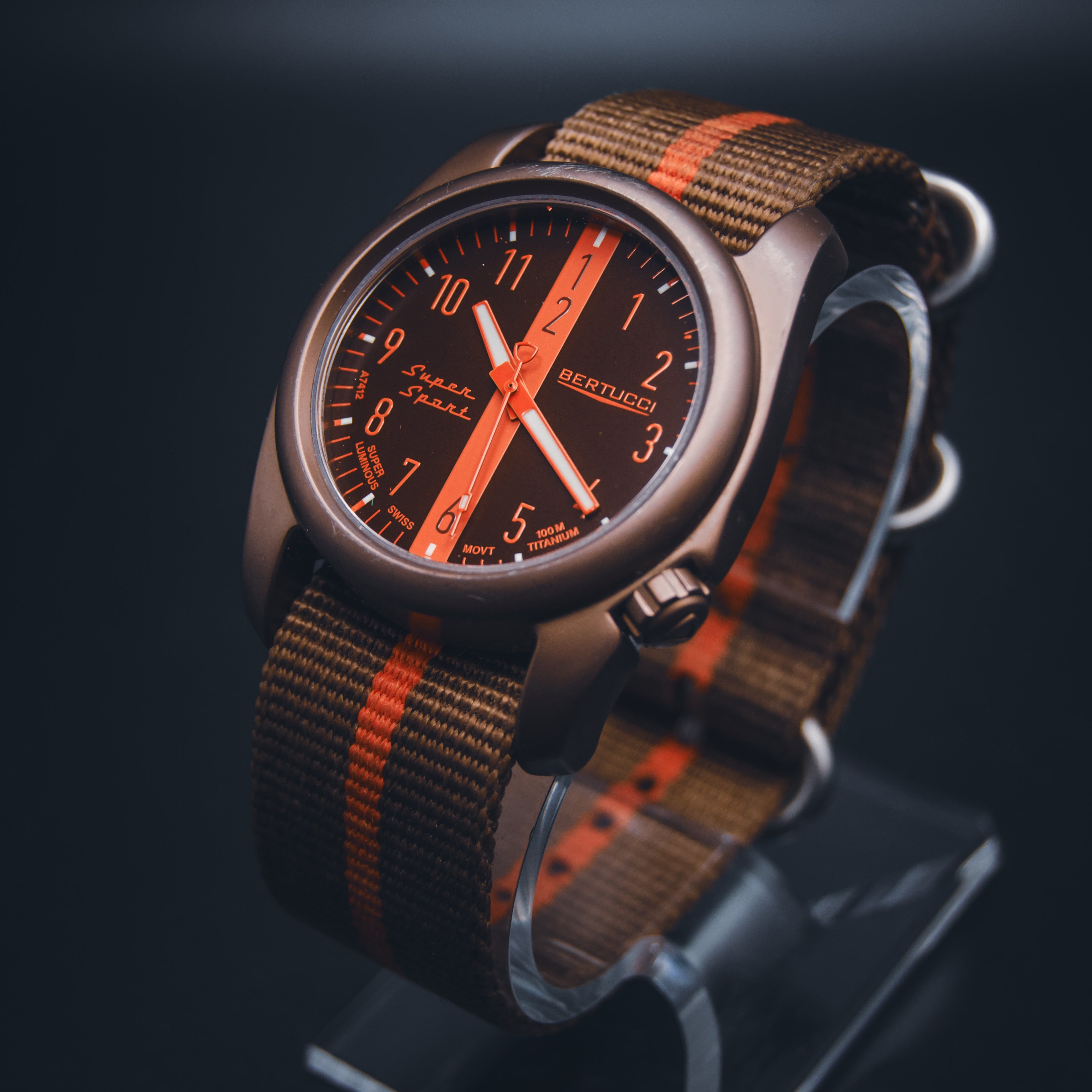 Bertucci Super Sport Titanium Field Watch - Brown & Orange Racing Stripe - Swiss Quartz - Unibody Case