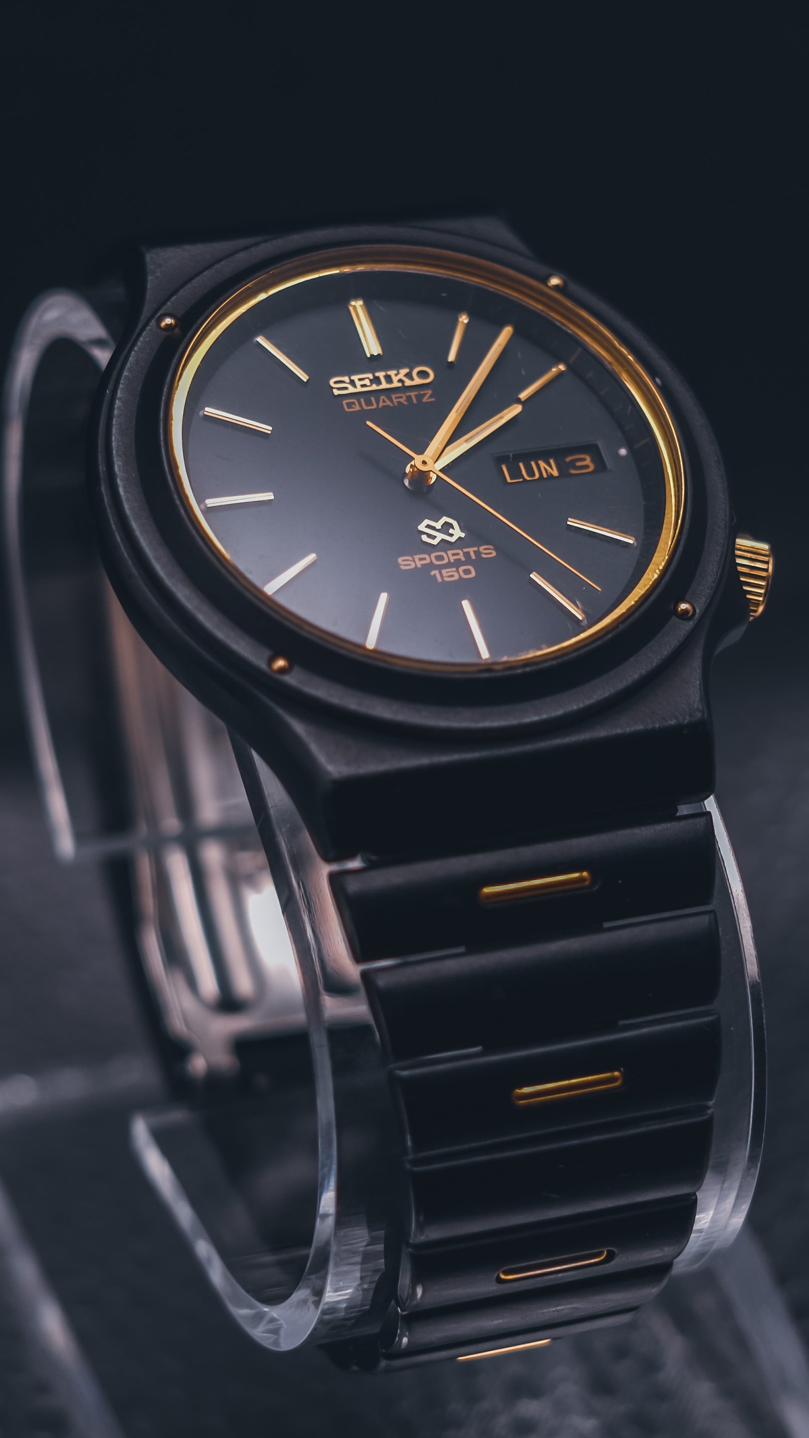 Vintage Seiko SQ Sports 150 Watch - Black Ceramic Coated & Gold - Thin Case - Screw Down Back - 1980s Quartz