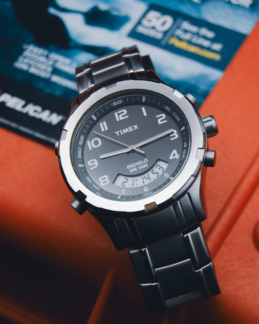 Timex Ana-Digi "Smiley" Hybrid Watch - Stainless Steel Alarm Chronograph - Indiglo - Y2K Era