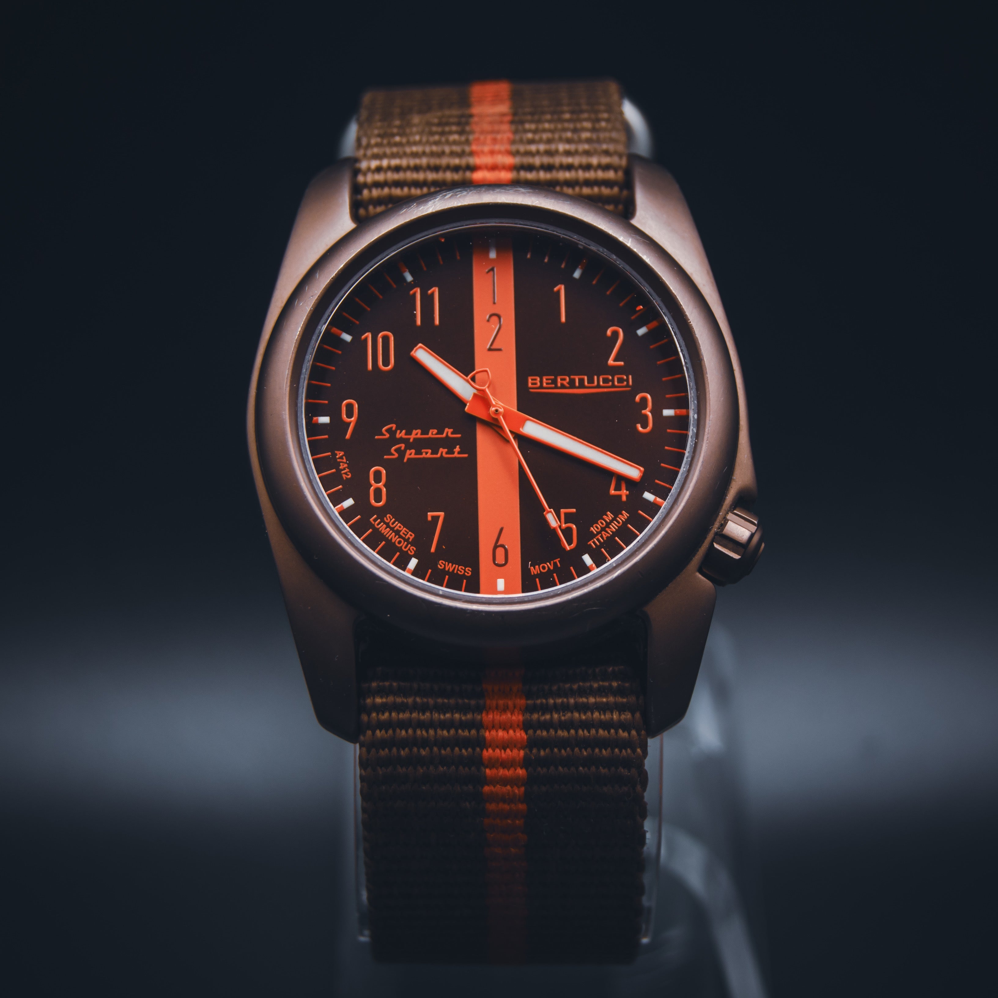 Bertucci Super Sport Titanium Field Watch - Brown & Orange Racing Stripe - Swiss Quartz - Unibody Case