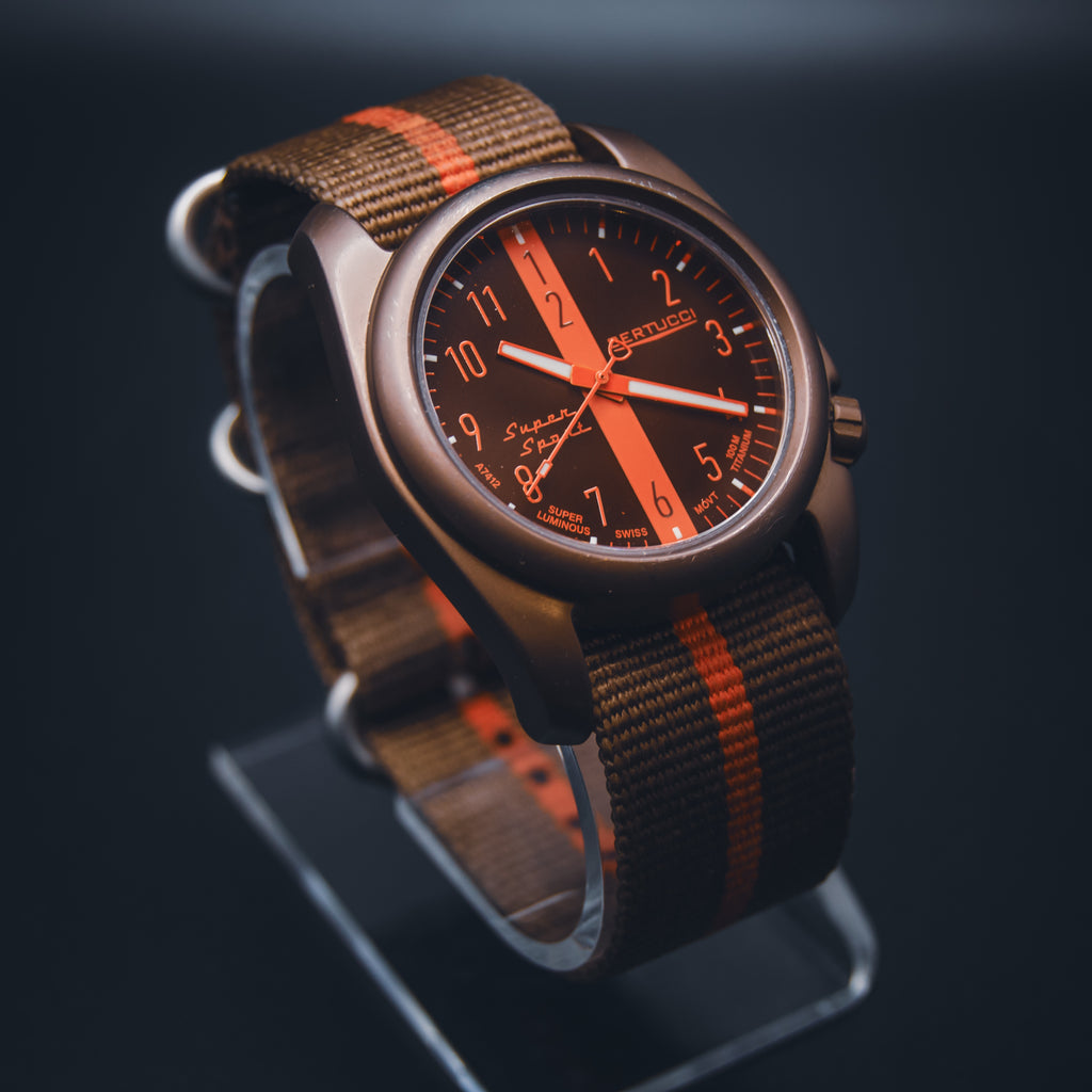 Bertucci Super Sport Titanium Field Watch - Brown & Orange Racing Stripe - Swiss Quartz - Unibody Case