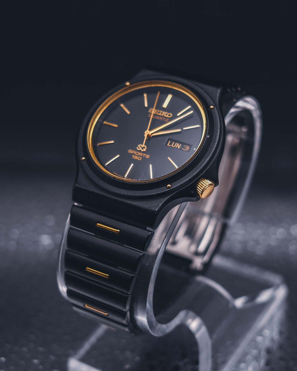 Vintage Seiko SQ Sports 150 Watch - Black Ceramic Coated & Gold - Thin Case - Screw Down Back - 1980s Quartz