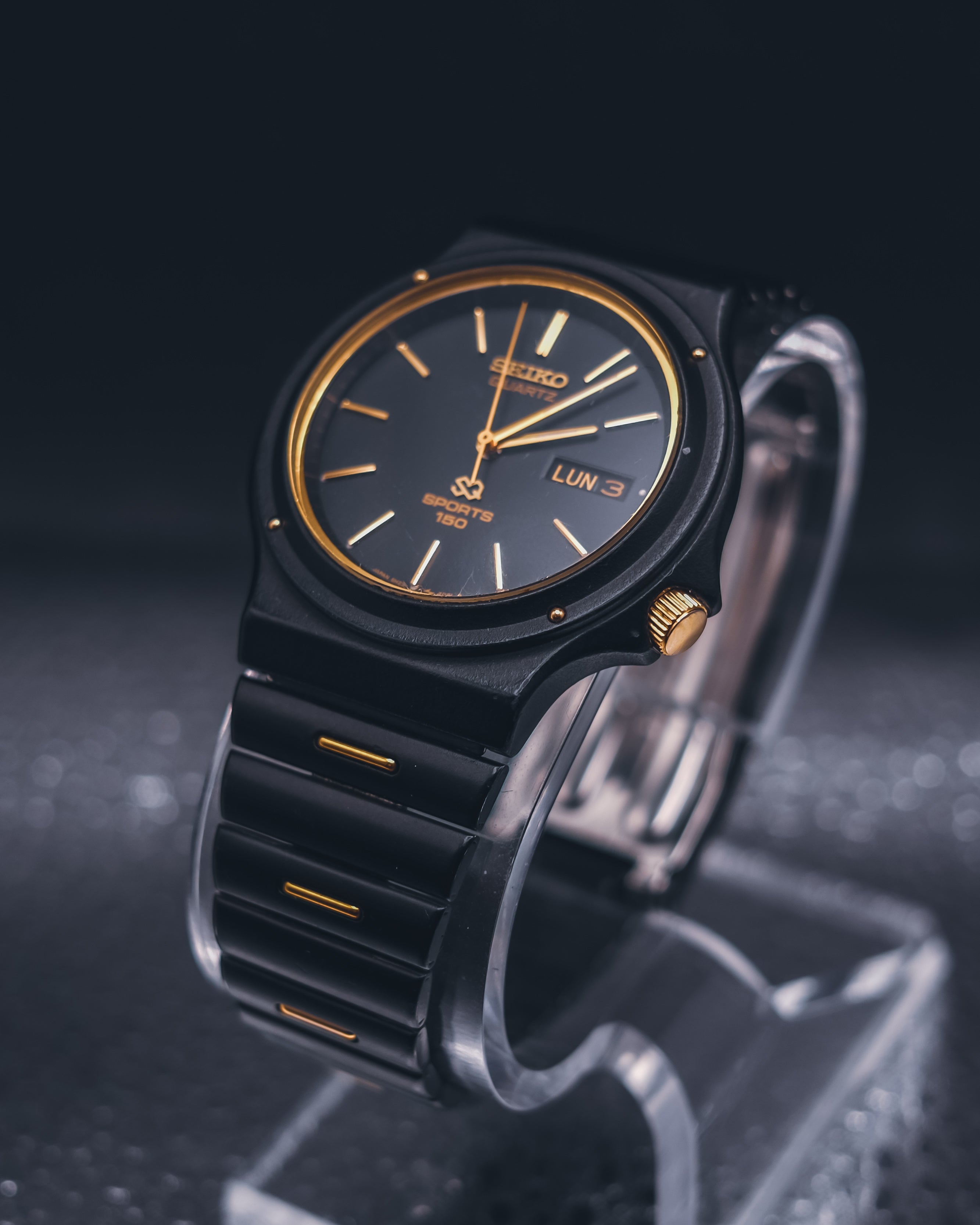 Vintage Seiko SQ Sports 150 Watch - Black Ceramic Coated & Gold - Thin Case - Screw Down Back - 1980s Quartz