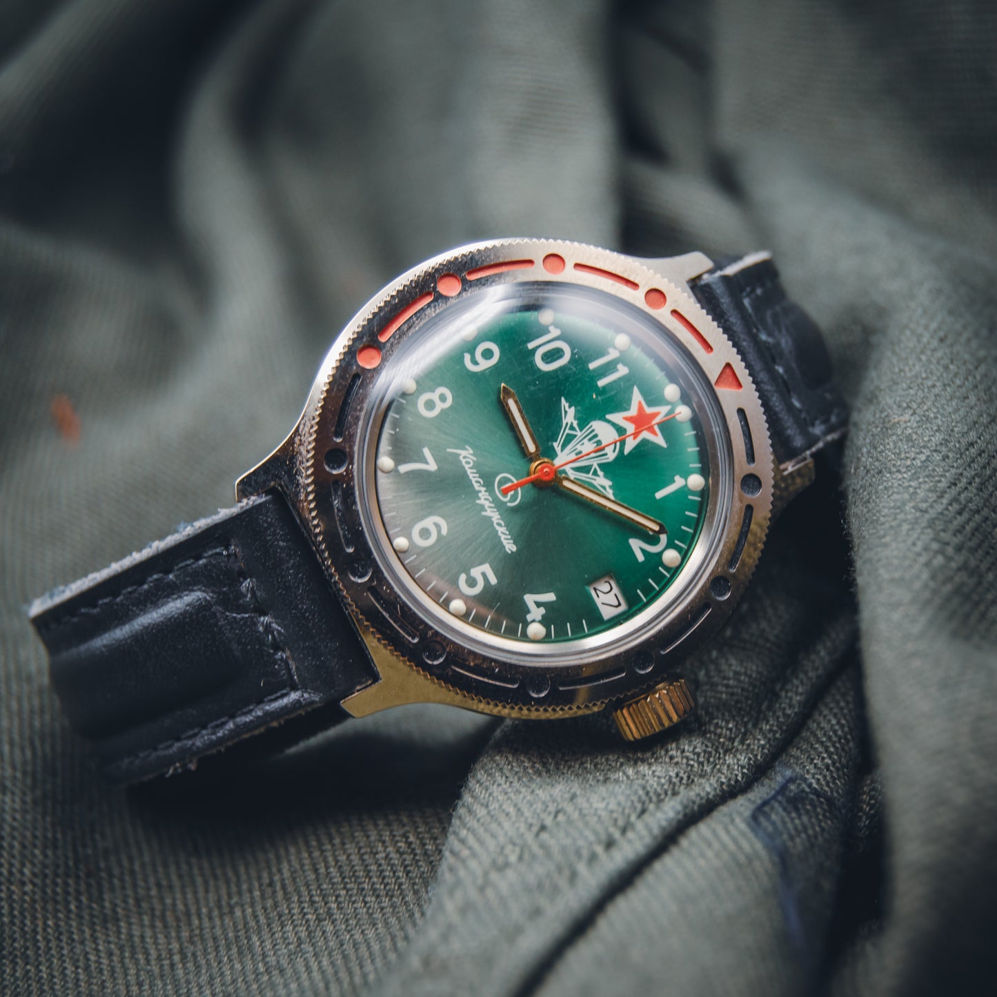Vintage Soviet Vostok Komandirskie "Paratrooper" Green Dial - Original Box & Strap - Severance Aesthetic