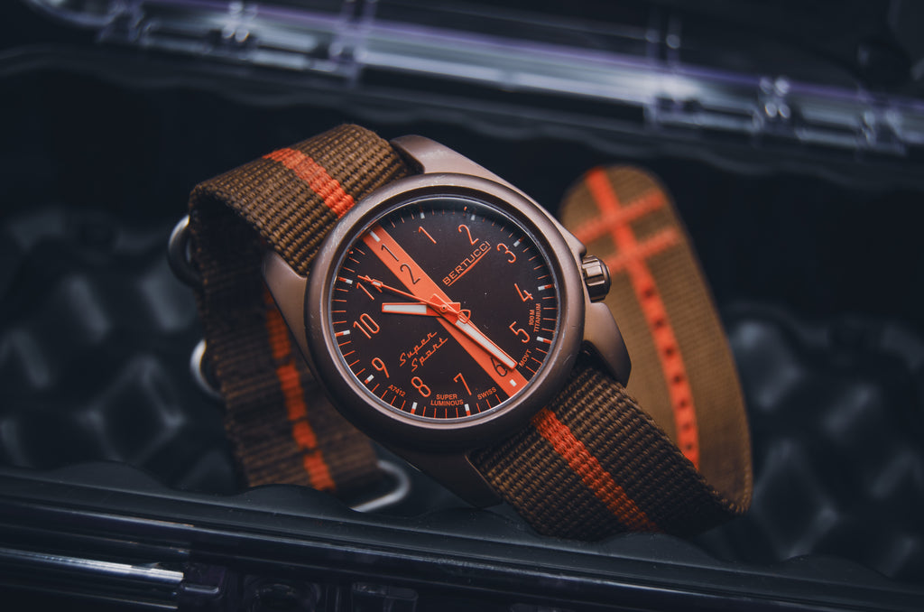 Bertucci Super Sport Titanium Field Watch - Brown & Orange Racing Stripe - Swiss Quartz - Unibody Case