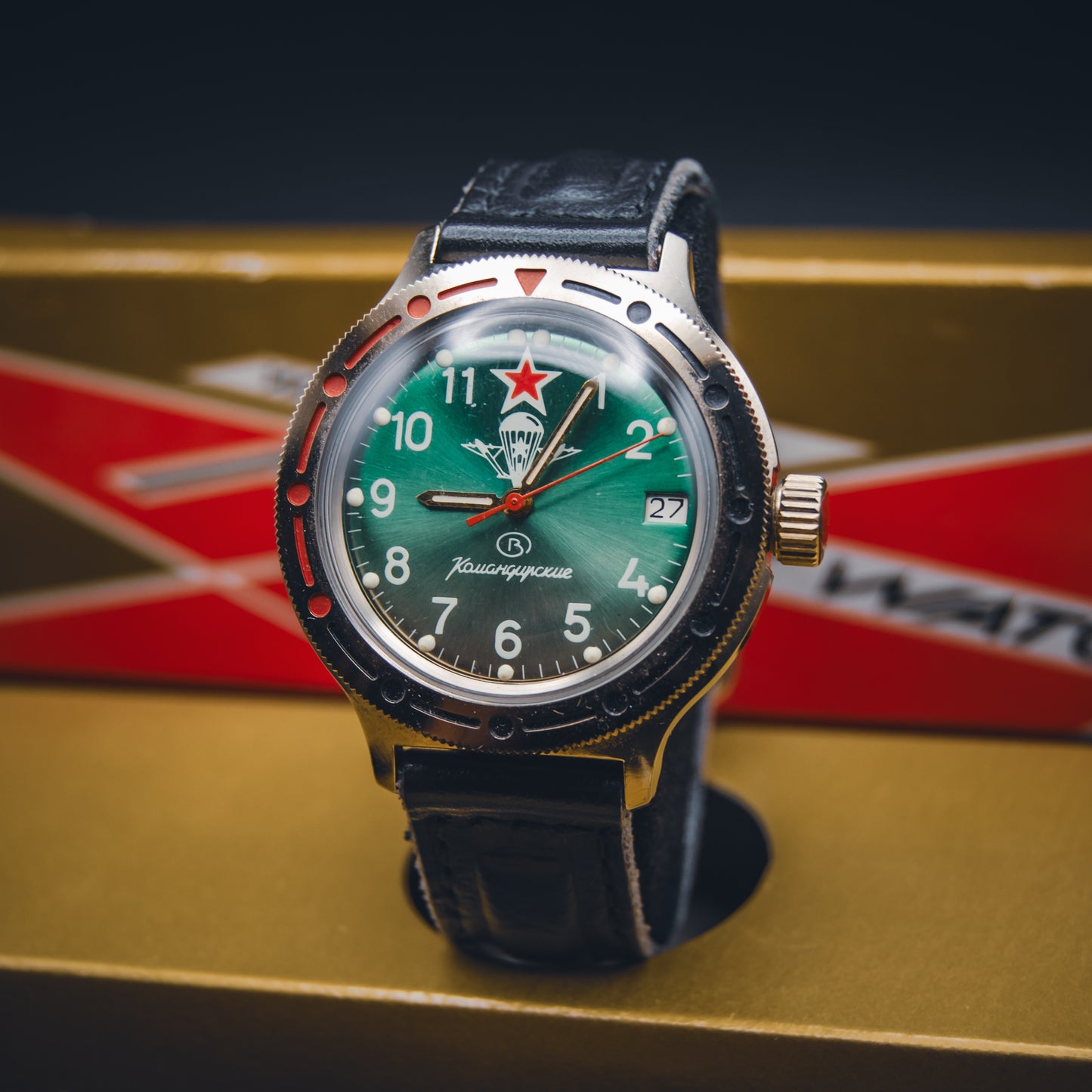 Vintage Soviet Vostok Komandirskie "Paratrooper" Green Dial - Original Box & Strap - Severance Aesthetic