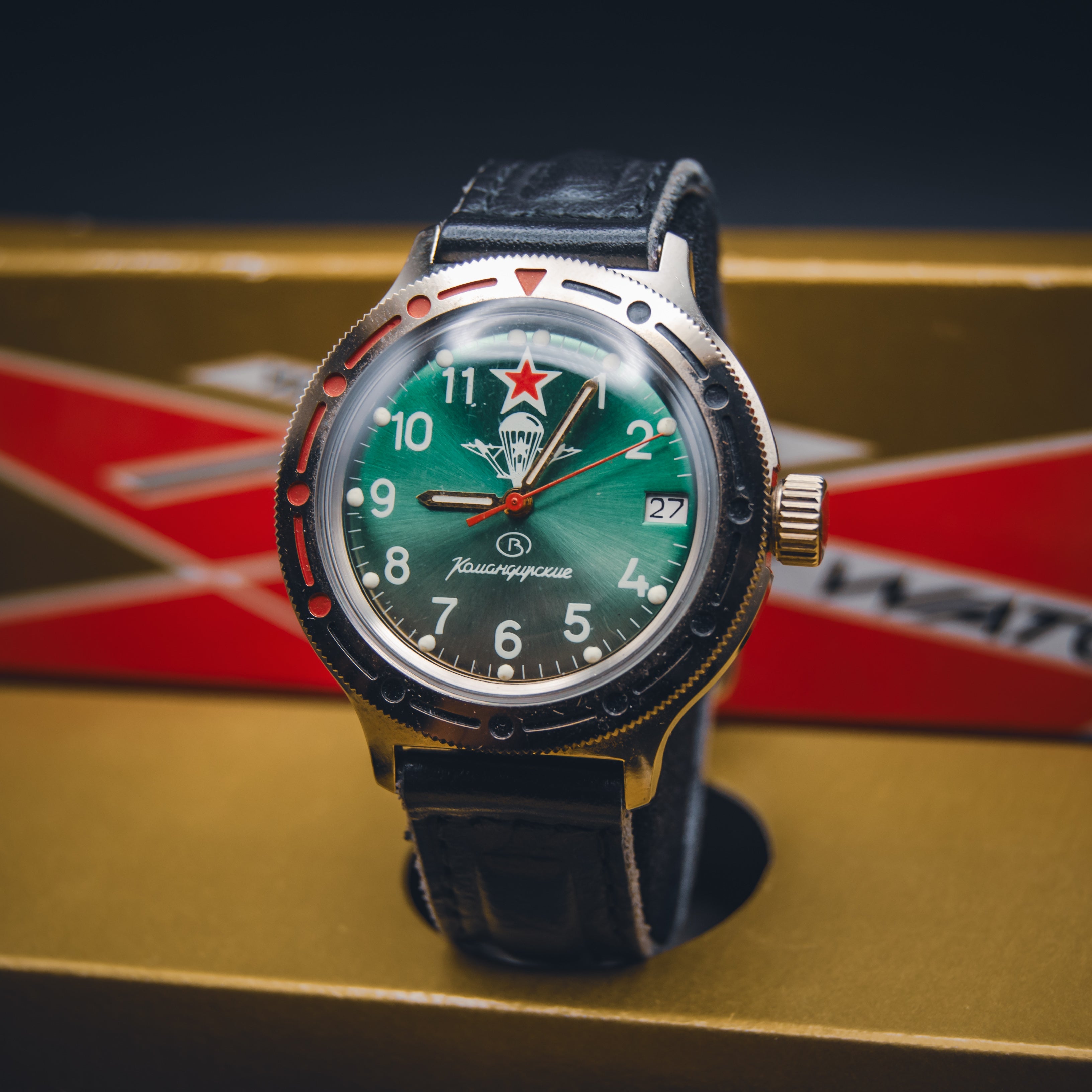 Vintage Soviet Vostok Komandirskie "Paratrooper" Green Dial - Original Box & Strap - Severance Aesthetic