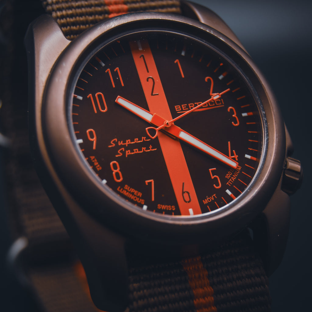 Bertucci Super Sport Titanium Field Watch - Brown & Orange Racing Stripe - Swiss Quartz - Unibody Case