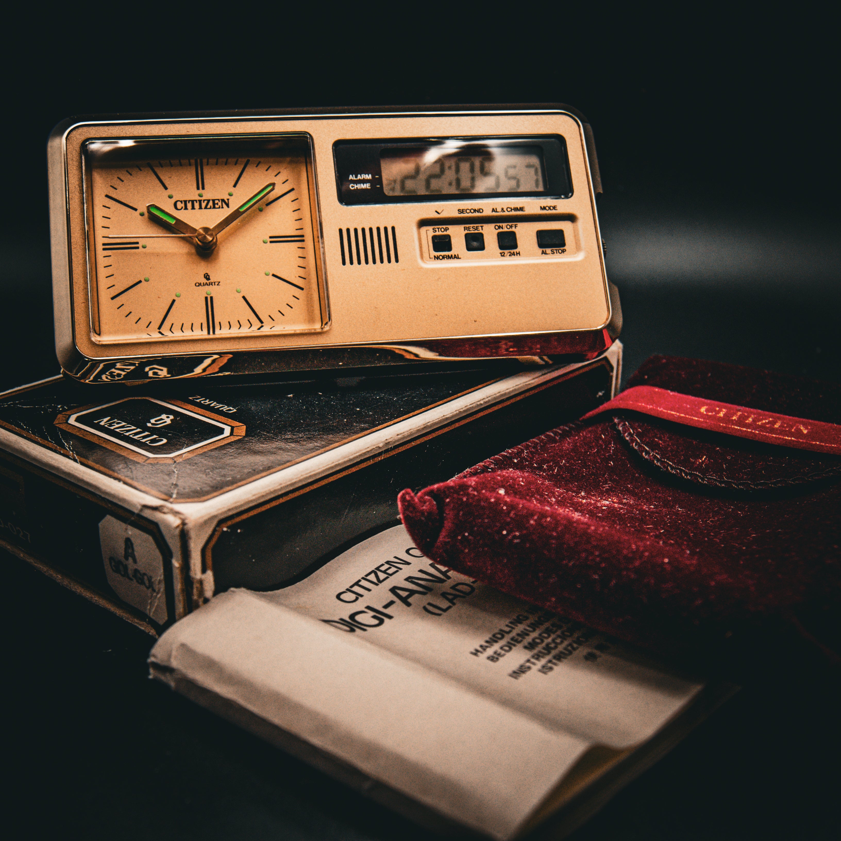 Vintage Citizen "Digi-Ana" Travel Alarm Clock - Gold Tone - 1980s Hybrid Display - Original Box, Pouch & Papers