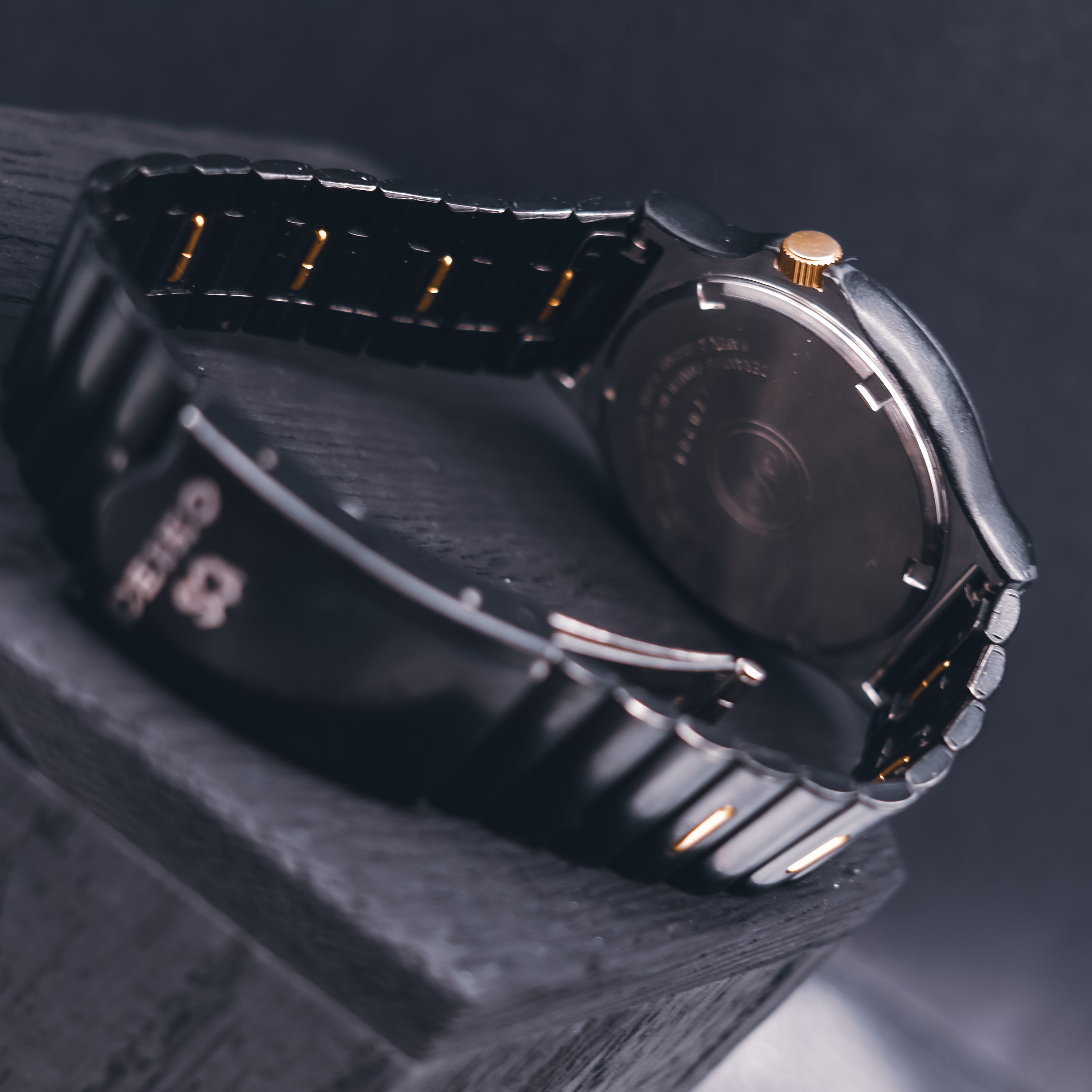 Vintage Seiko SQ Sports 150 Watch - Black Ceramic Coated & Gold - Thin Case - Screw Down Back - 1980s Quartz