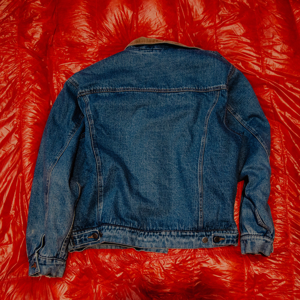 Vintage 90s Wrangler HERO Denim Sherpa Lined Jacket - Corduroy Collar - Size Large - Trucker Coa