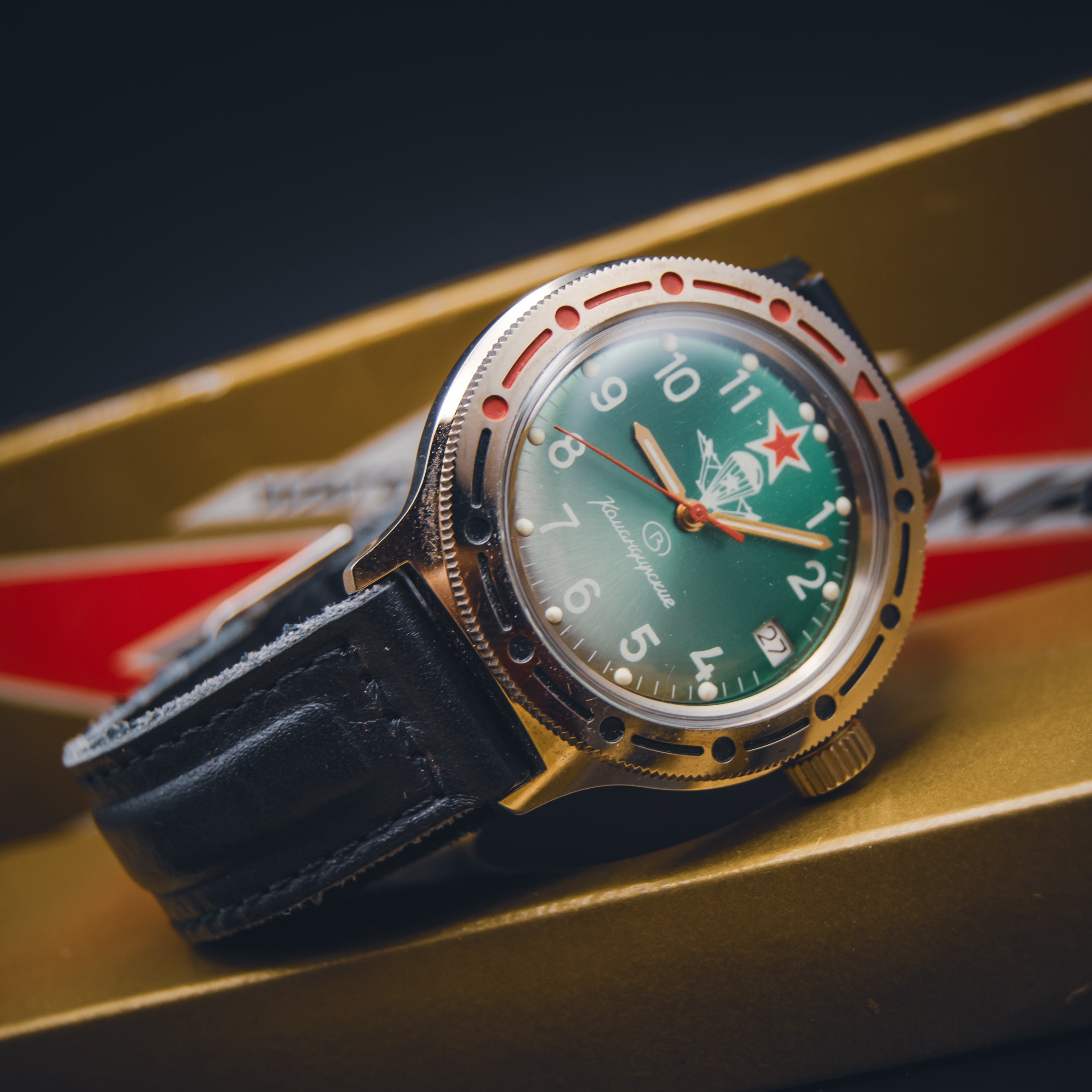 Vintage Soviet Vostok Komandirskie "Paratrooper" Green Dial - Original Box & Strap - Severance Aesthetic