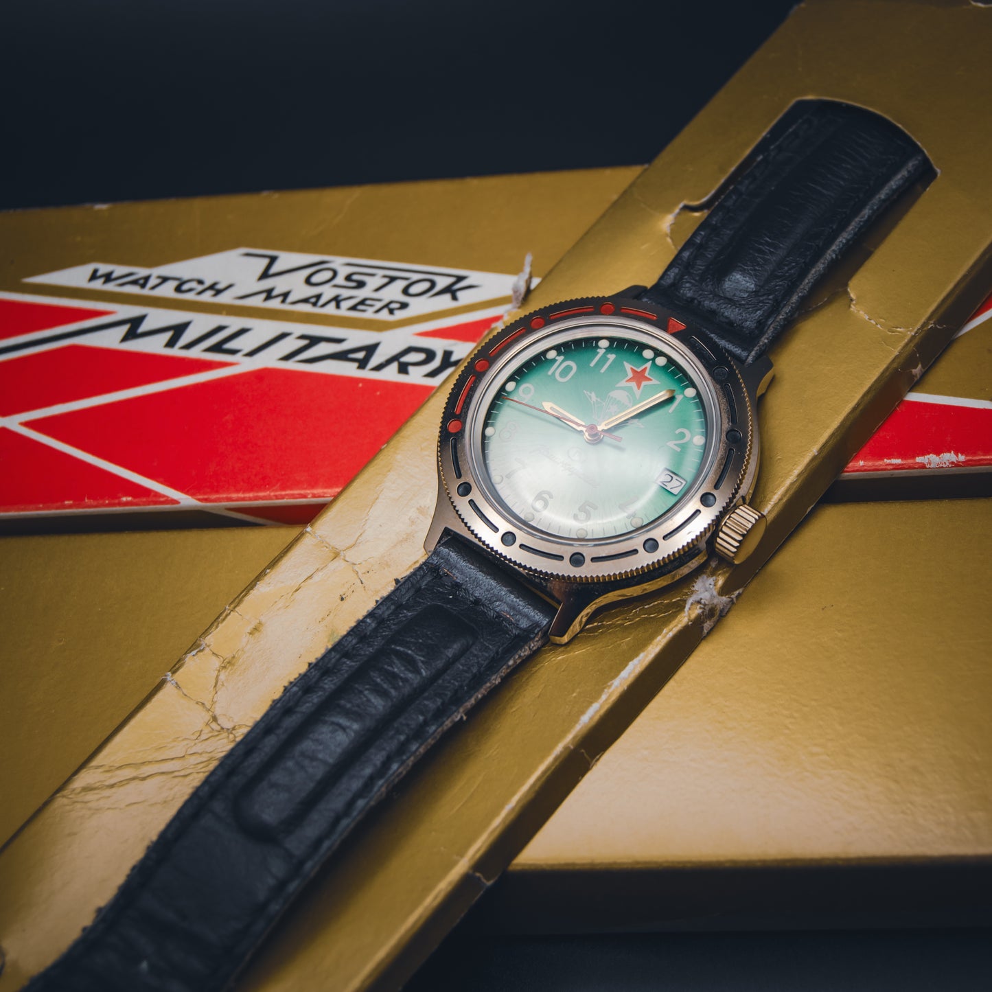 Vintage Soviet Vostok Komandirskie "Paratrooper" Green Dial - Original Box & Strap - Severance Aesthetic