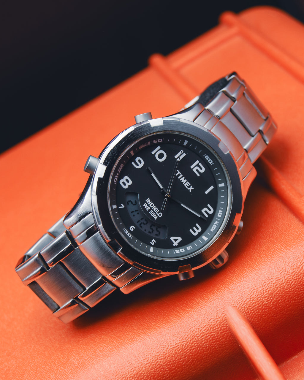 Timex Ana-Digi "Smiley" Hybrid Watch - Stainless Steel Alarm Chronograph - Indiglo - Y2K Era