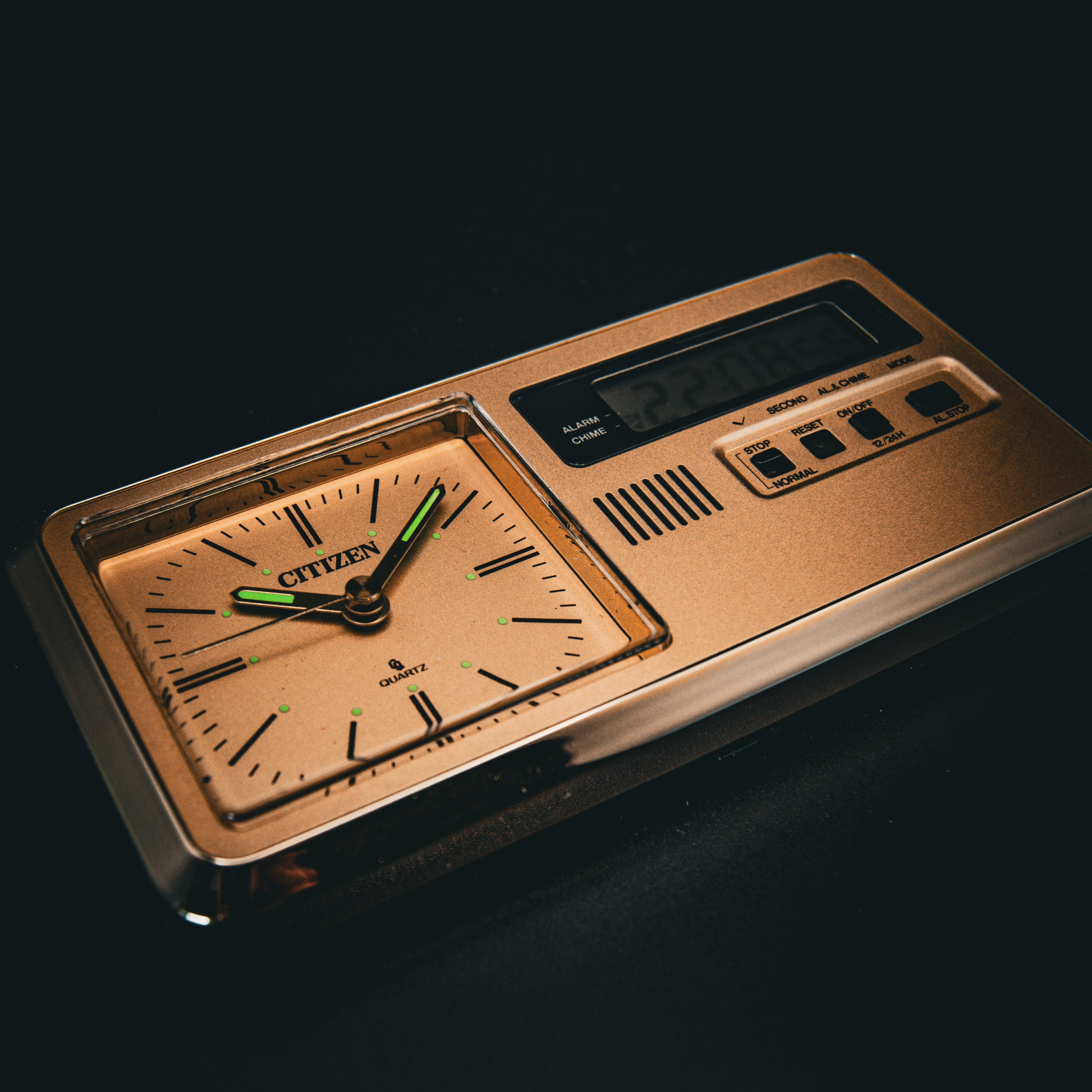 Vintage Citizen "Digi-Ana" Travel Alarm Clock - Gold Tone - 1980s Hybrid Display - Original Box, Pouch & Papers