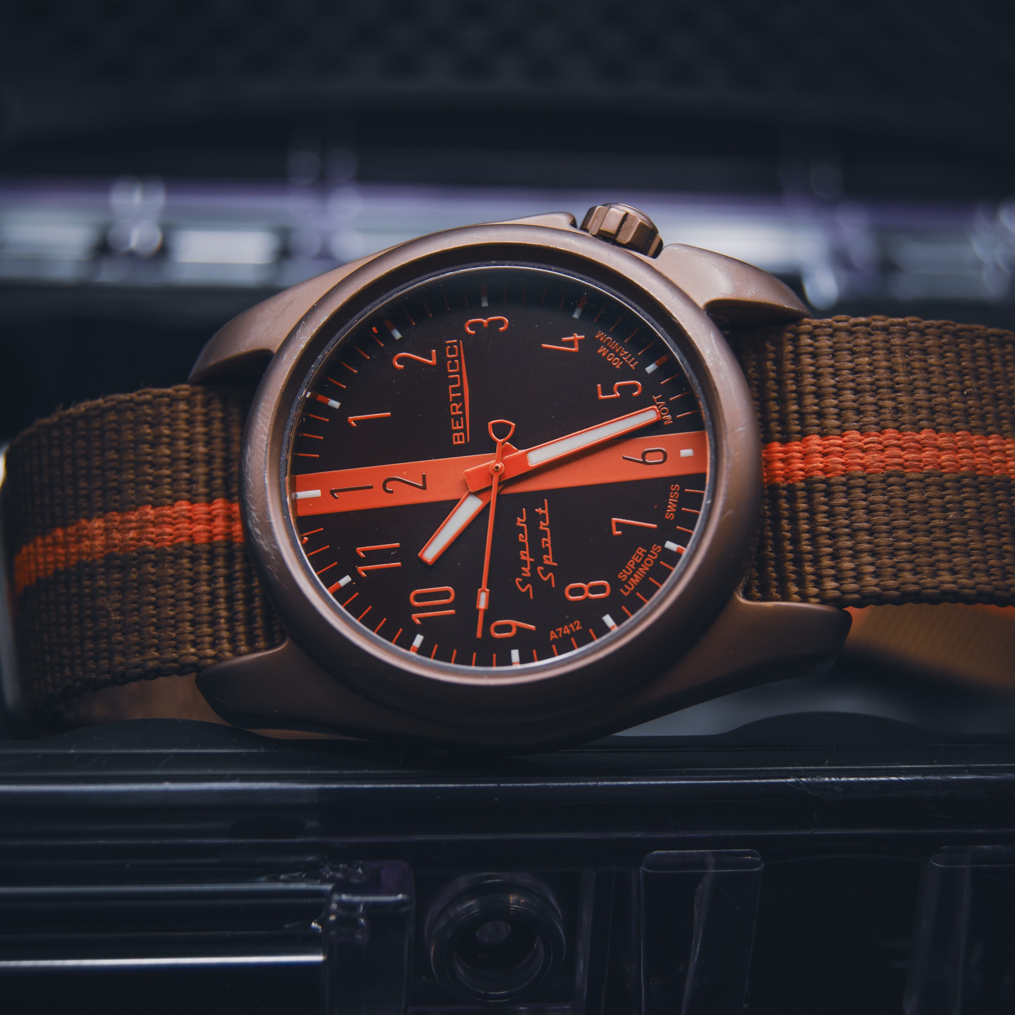 Bertucci Super Sport Titanium Field Watch - Brown & Orange Racing Stripe - Swiss Quartz - Unibody Case
