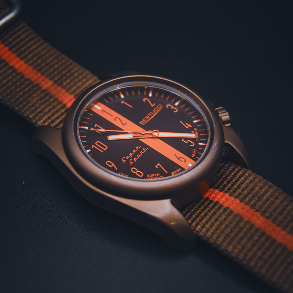 Bertucci Super Sport Titanium Field Watch - Brown & Orange Racing Stripe - Swiss Quartz - Unibody Case
