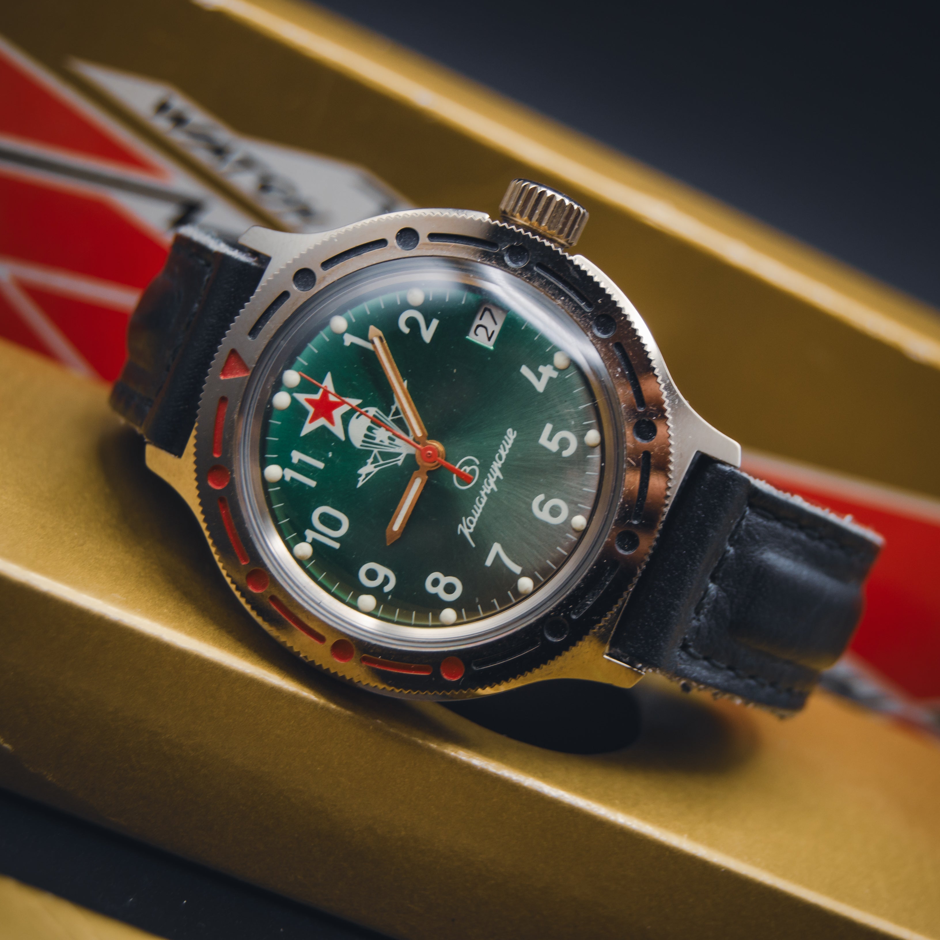 Vintage Soviet Vostok Komandirskie "Paratrooper" Green Dial - Original Box & Strap - Severance Aesthetic