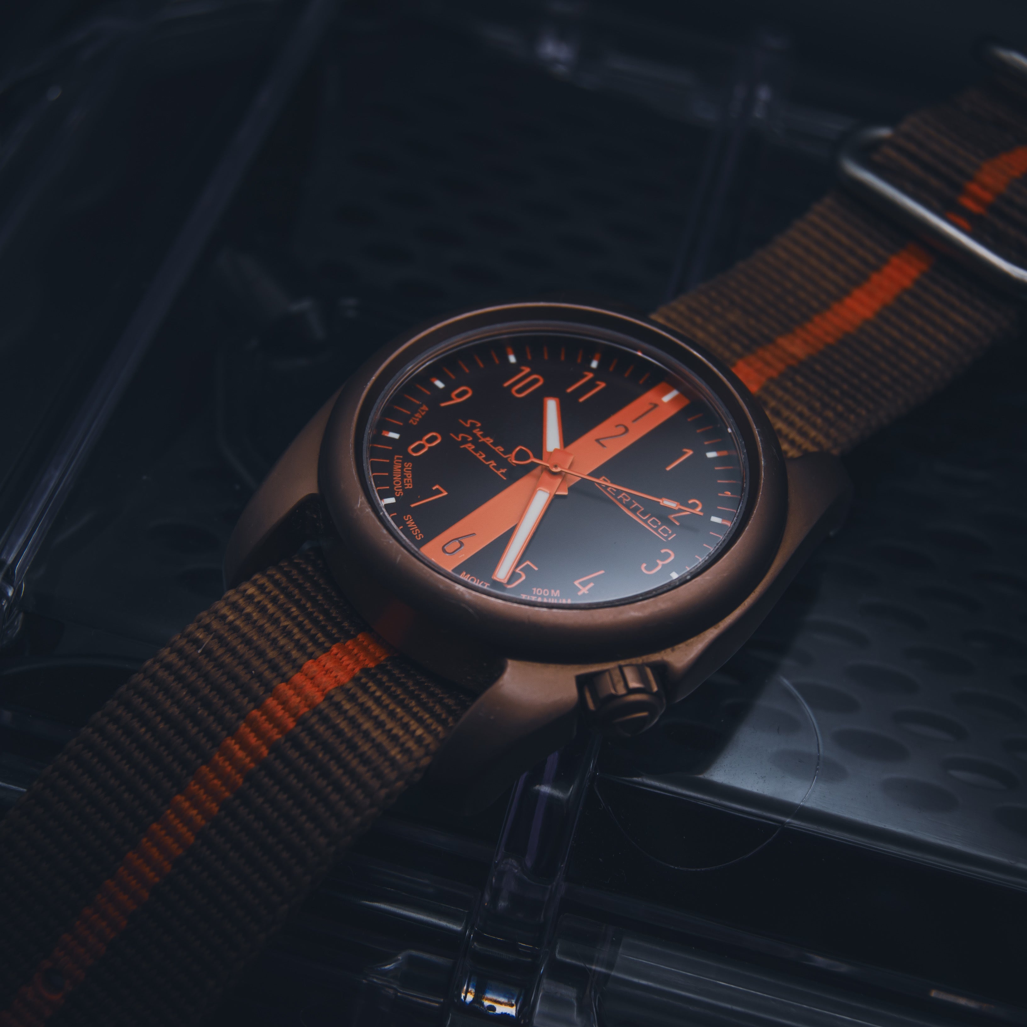 Bertucci Super Sport Titanium Field Watch - Brown & Orange Racing Stripe - Swiss Quartz - Unibody Case