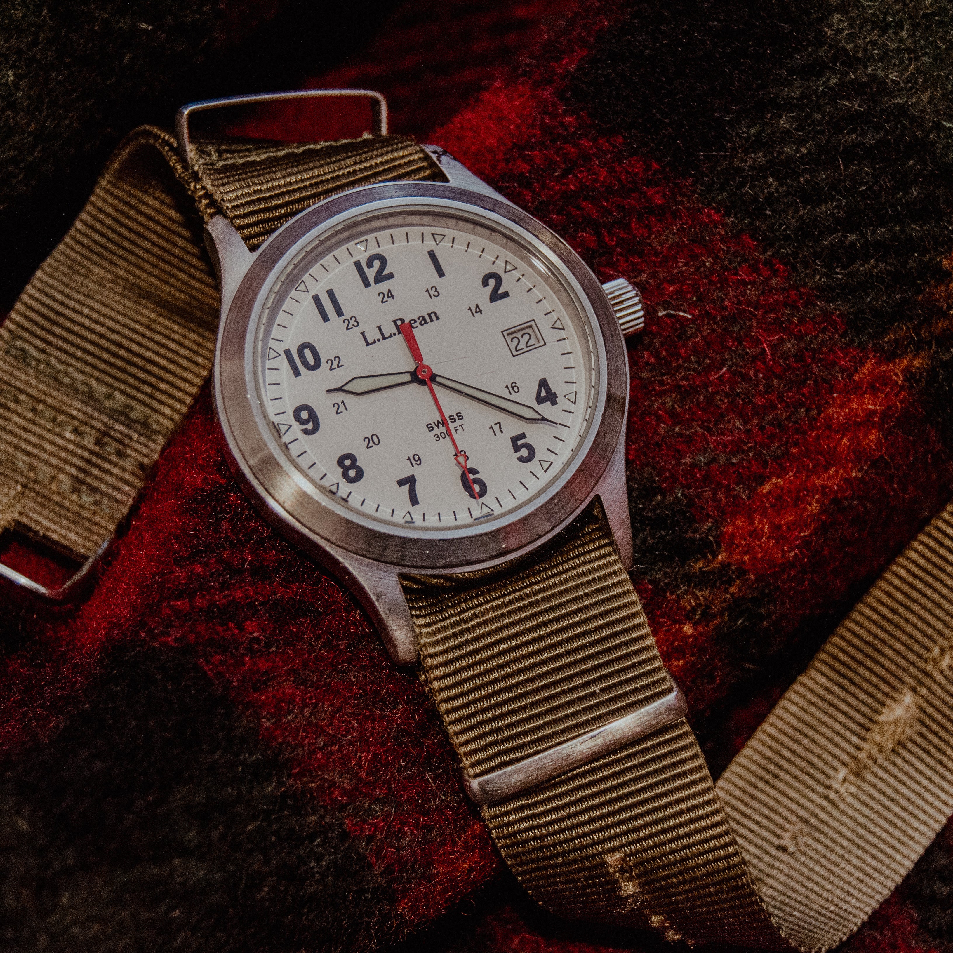Vintage L.L. Bean Swiss Field Watch - White Dial 24-Hour - 300FT Stainless Steel - 1990s Outdoor Tool Watch