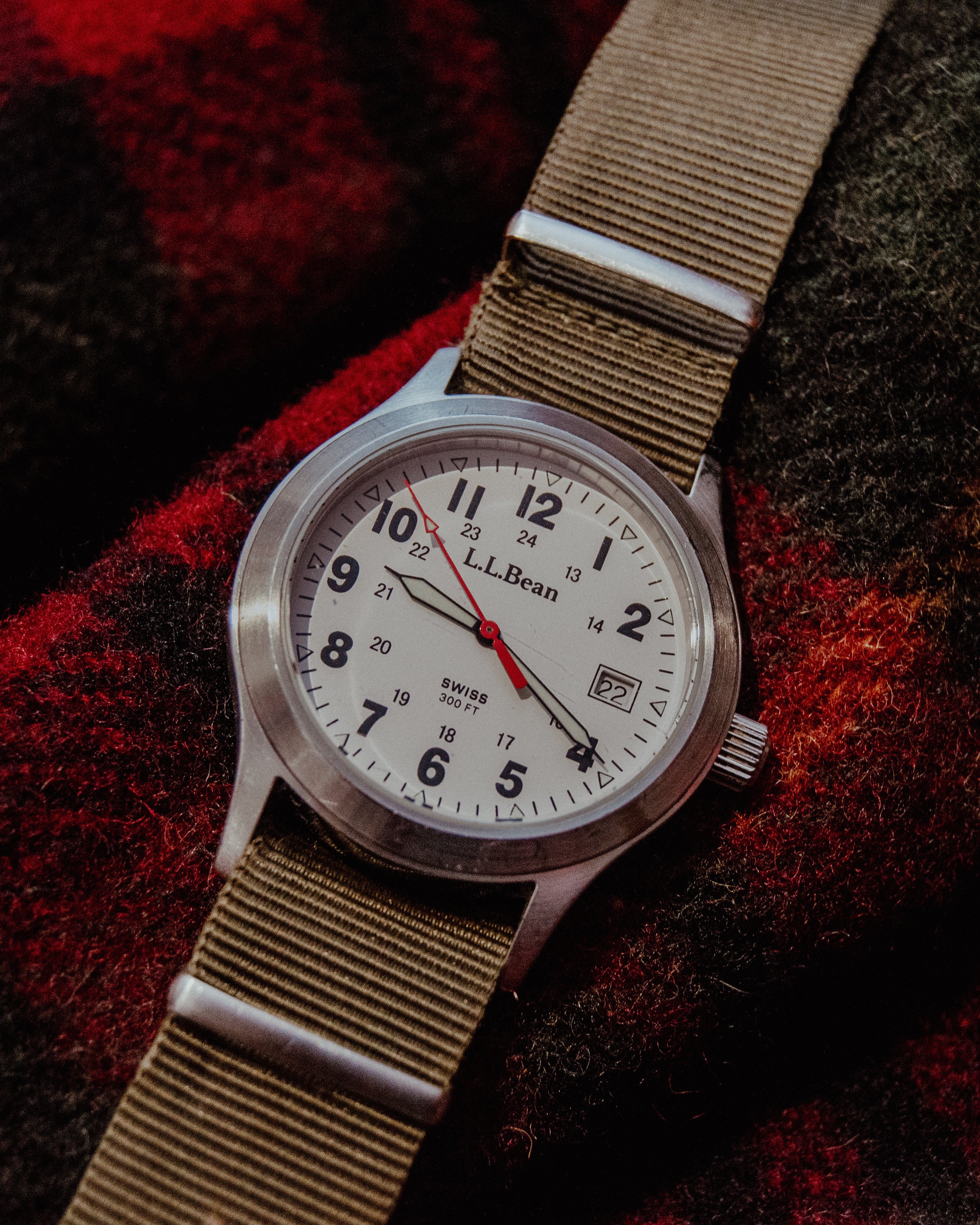 Vintage L.L. Bean Swiss Field Watch - White Dial 24-Hour - 300FT Stainless Steel - 1990s Outdoor Tool Watch