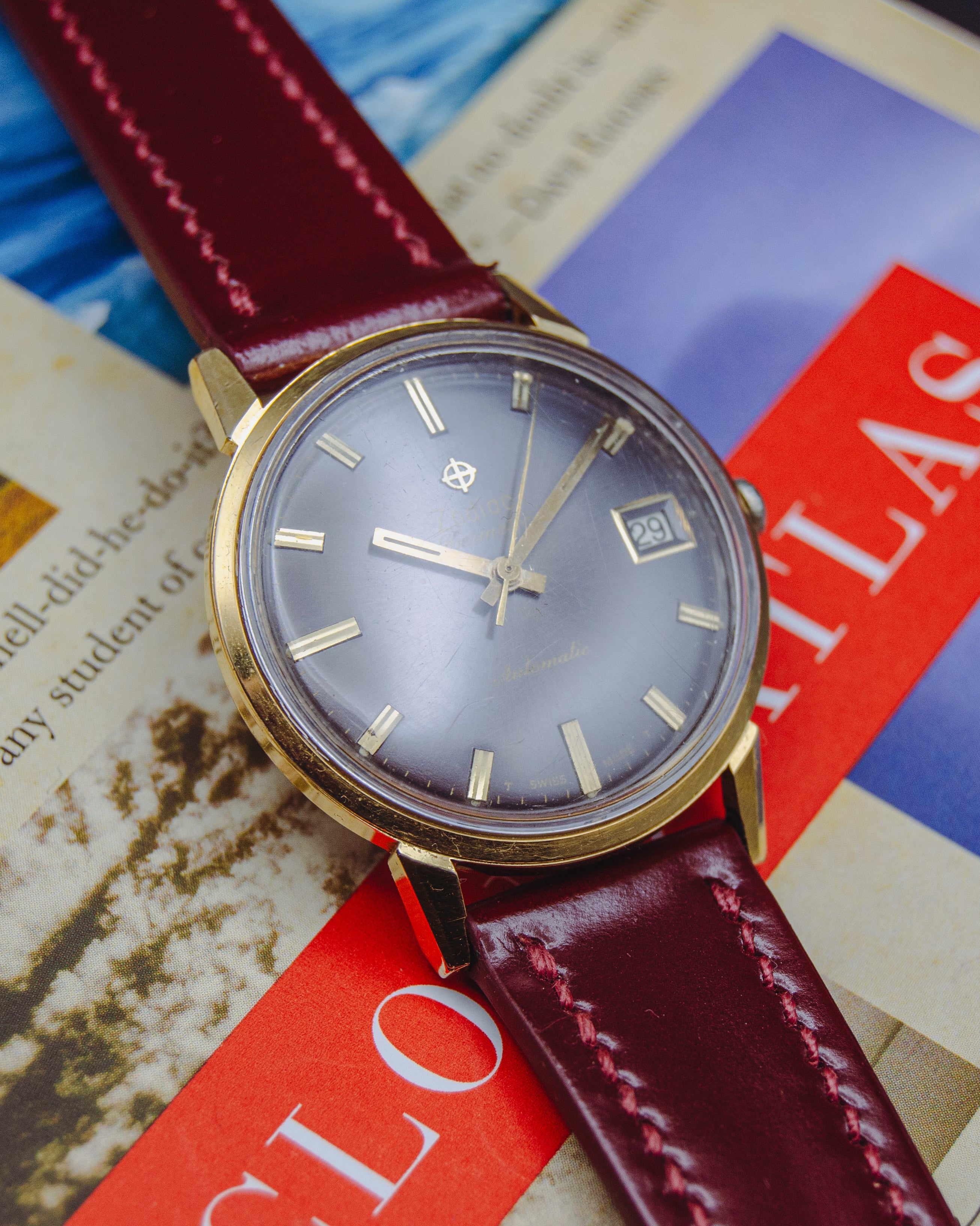 1960s Zodiac Hermetic Automatic - Grey Dial - Custom Oxblood Shinki Hikaku Leather Strap