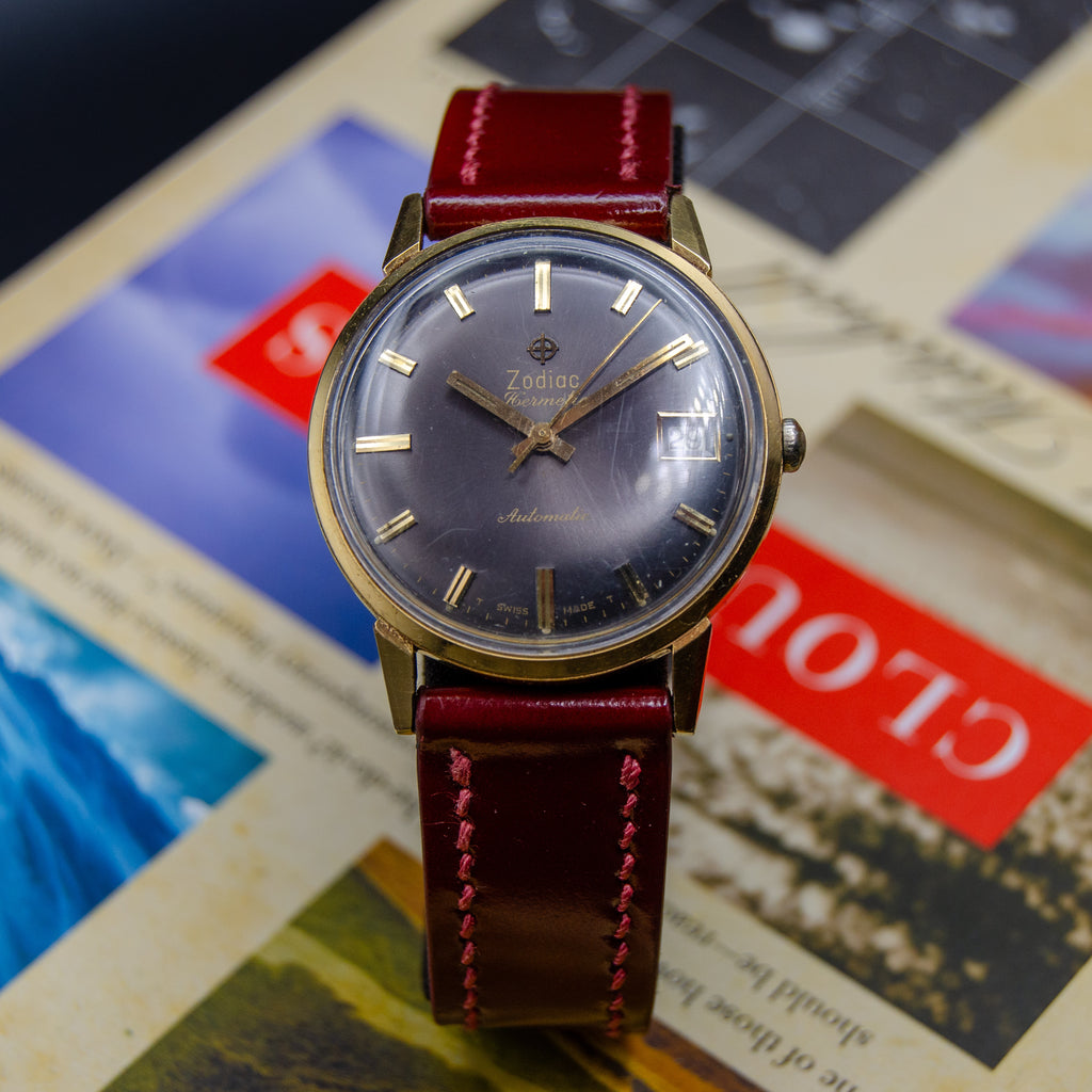 1960s Zodiac Hermetic Automatic - Grey Dial - Custom Oxblood Shinki Hikaku Leather Strap