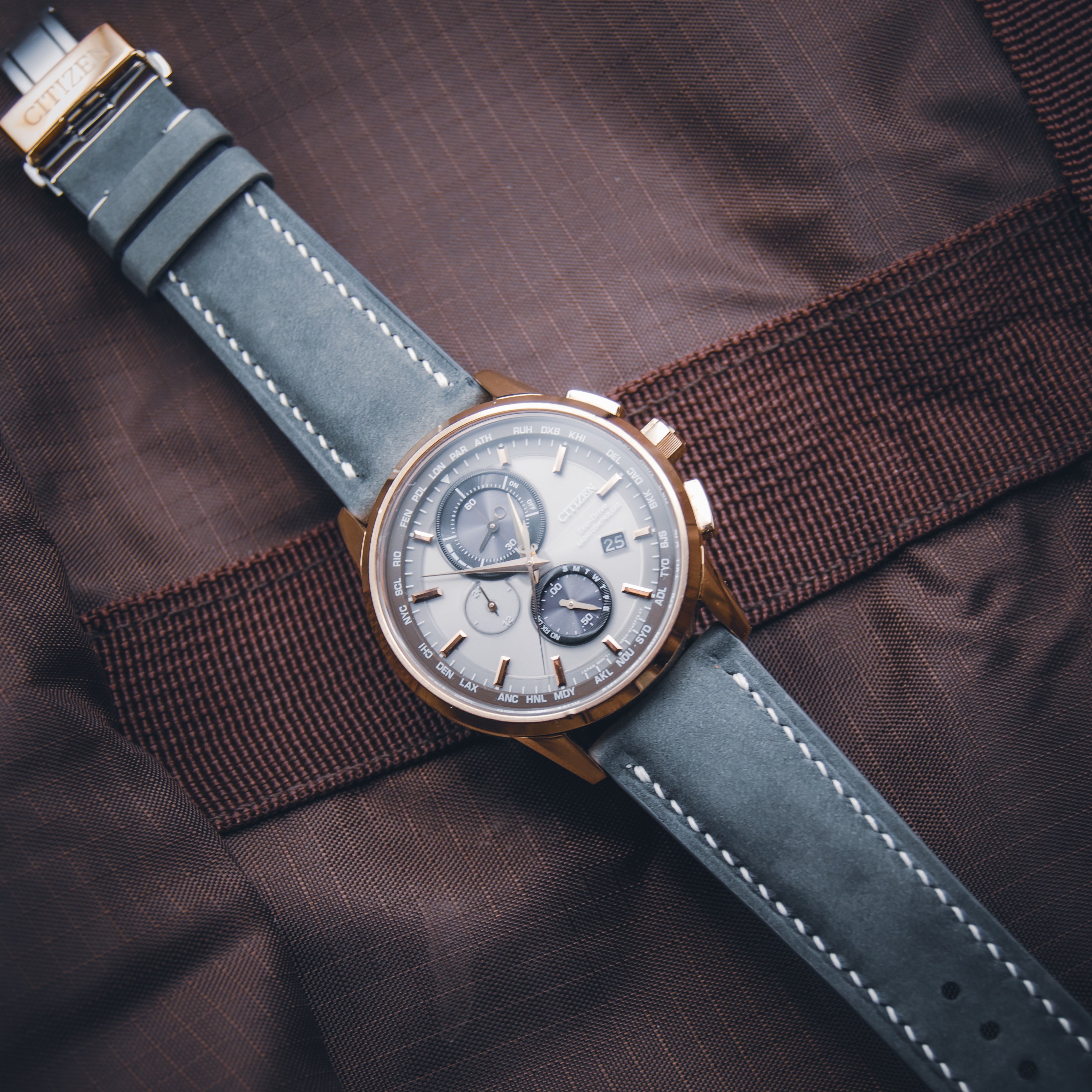 Citizen Eco-Drive AT8113-12H World Chronograph - Rose Gold & Grey - Custom Suede on Original Deployant Hardware