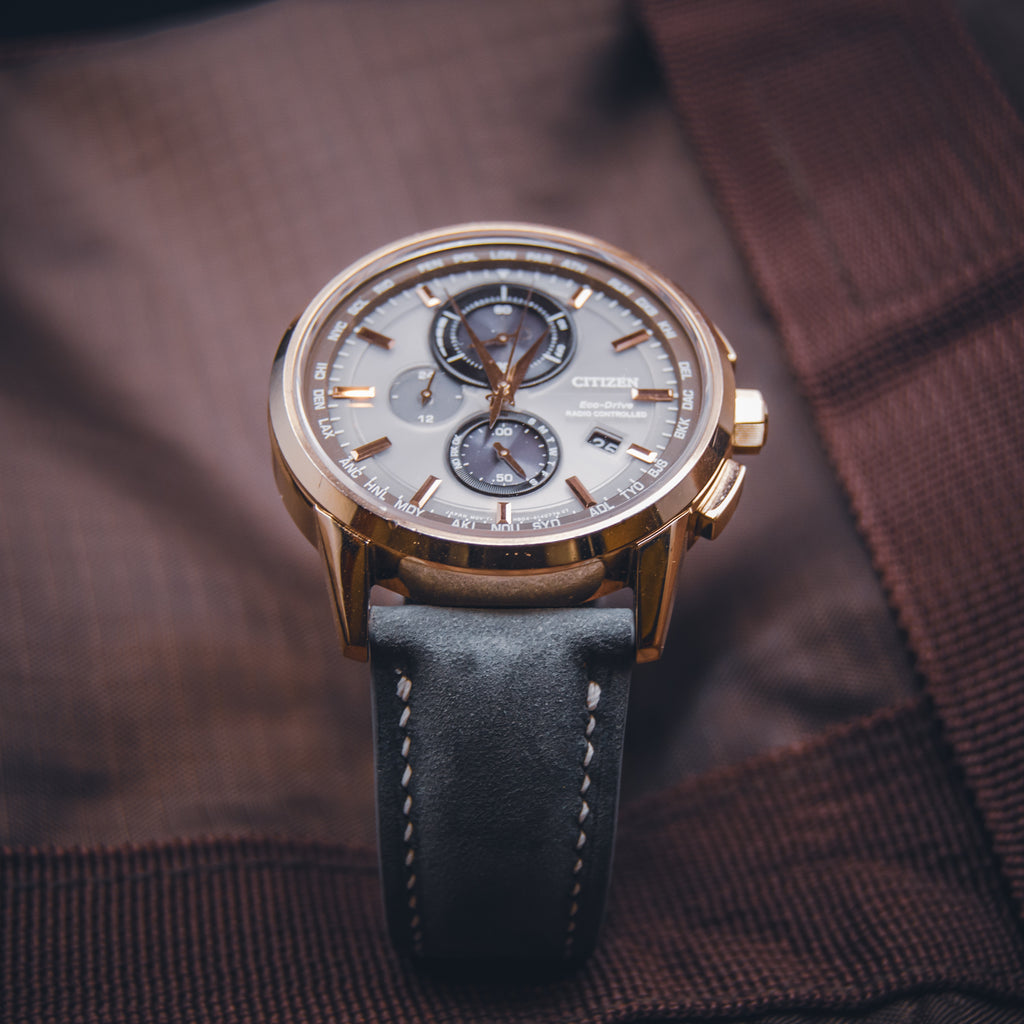 Citizen Eco-Drive AT8113-12H World Chronograph - Rose Gold & Grey - Custom Suede on Original Deployant Hardware