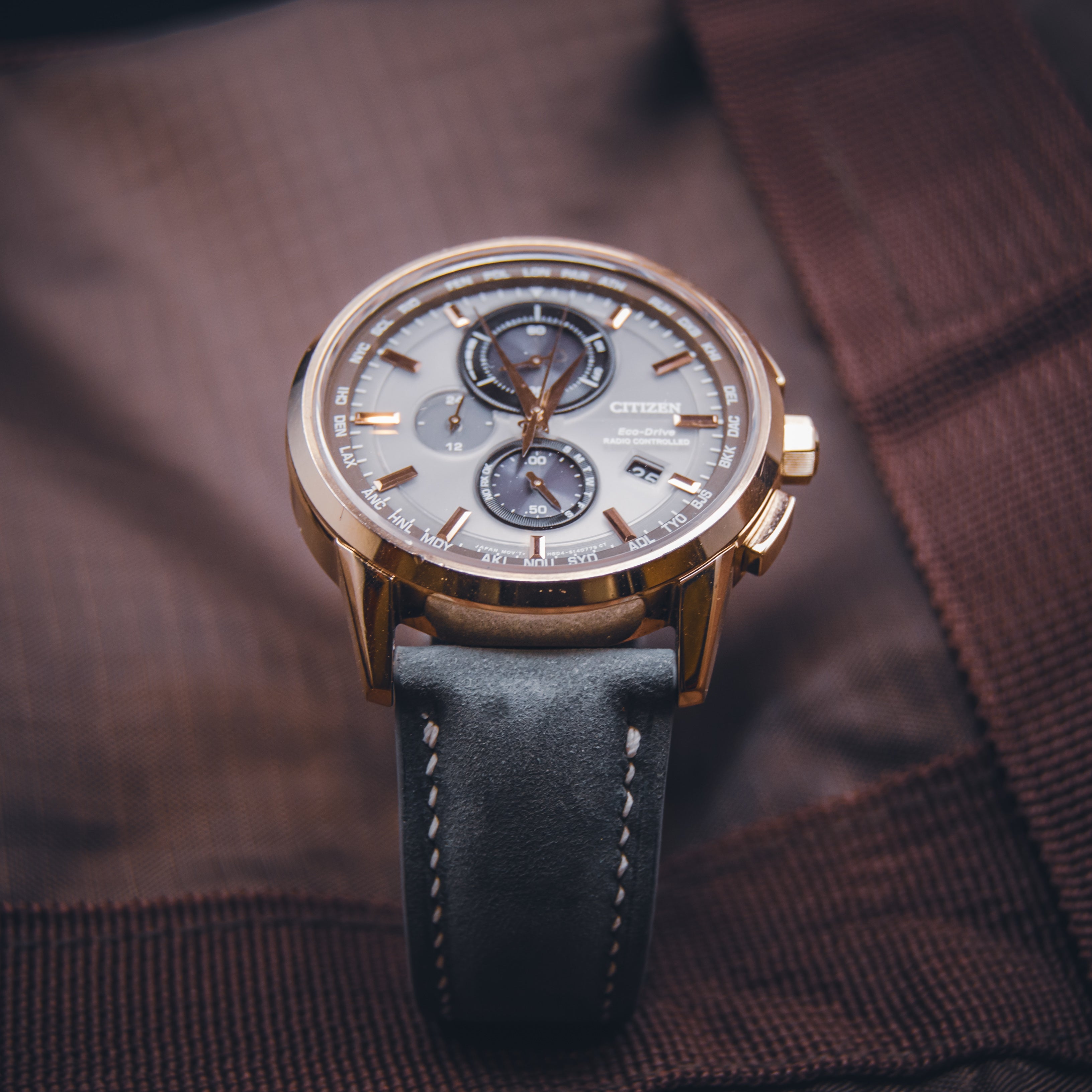 Citizen Eco-Drive AT8113-12H World Chronograph - Rose Gold & Grey - Custom Suede on Original Deployant Hardware