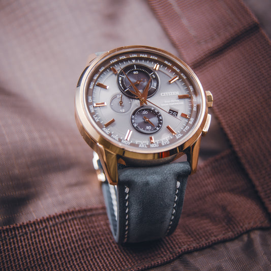 Citizen Eco-Drive AT8113-12H World Chronograph - Rose Gold & Grey - Custom Suede on Original Deployant Hardware