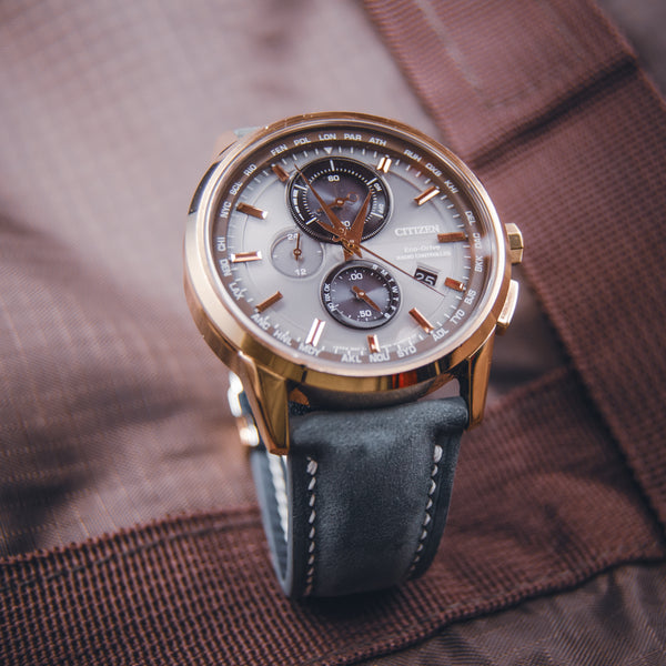 Citizen Eco-Drive AT8113-12H World Chronograph - Rose Gold & Grey - Custom Suede on Original Deployant Hardware