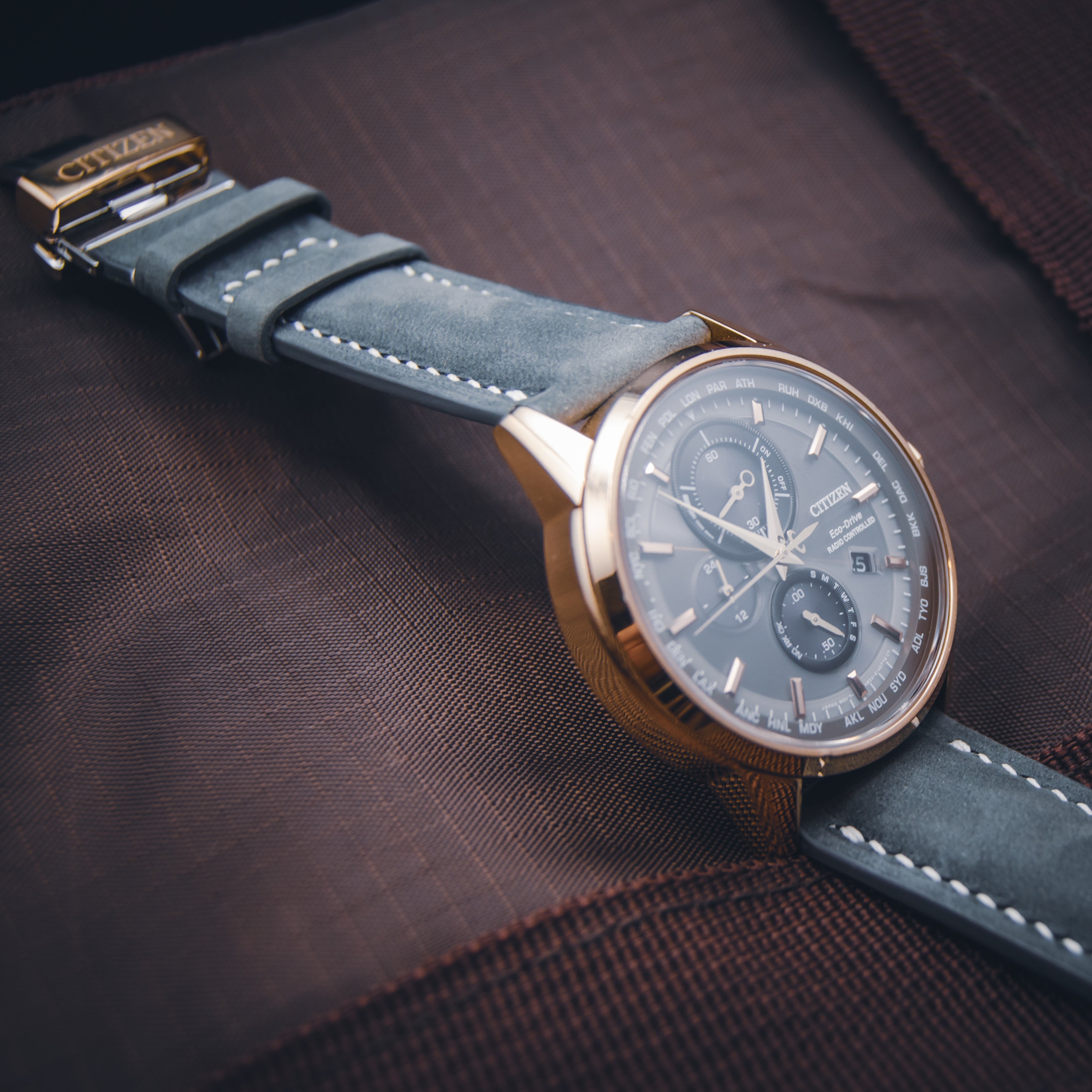 Citizen Eco-Drive AT8113-12H World Chronograph - Rose Gold & Grey - Custom Suede on Original Deployant Hardware