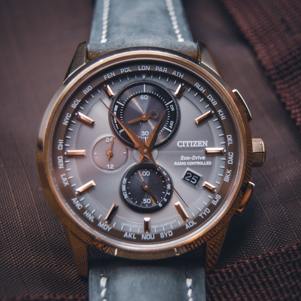 Citizen Eco-Drive AT8113-12H World Chronograph - Rose Gold & Grey - Custom Suede on Original Deployant Hardware