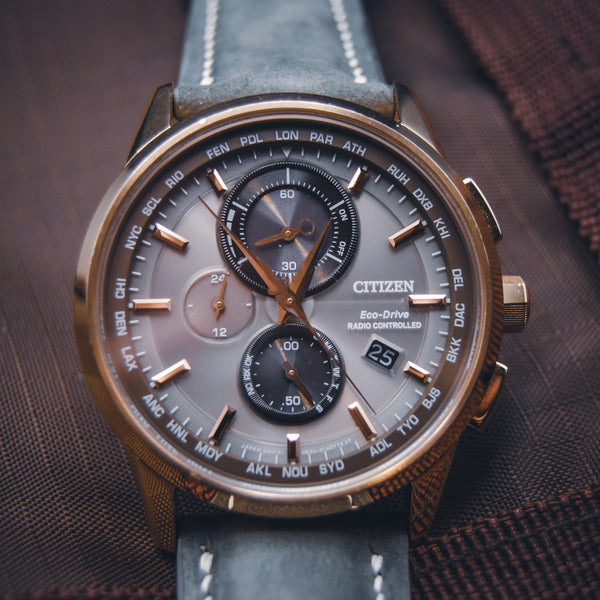 Citizen Eco-Drive AT8113-12H World Chronograph - Rose Gold & Grey - Custom Suede on Original Deployant Hardware