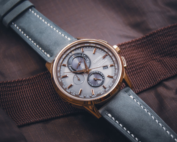Citizen Eco-Drive AT8113-12H World Chronograph - Rose Gold & Grey - Custom Suede on Original Deployant Hardware